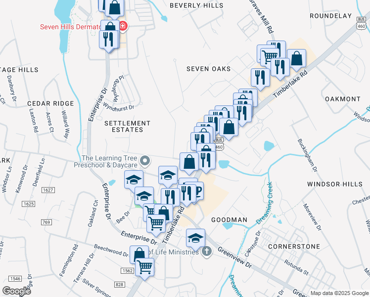map of restaurants, bars, coffee shops, grocery stores, and more near 1100 Wood Road in Lynchburg