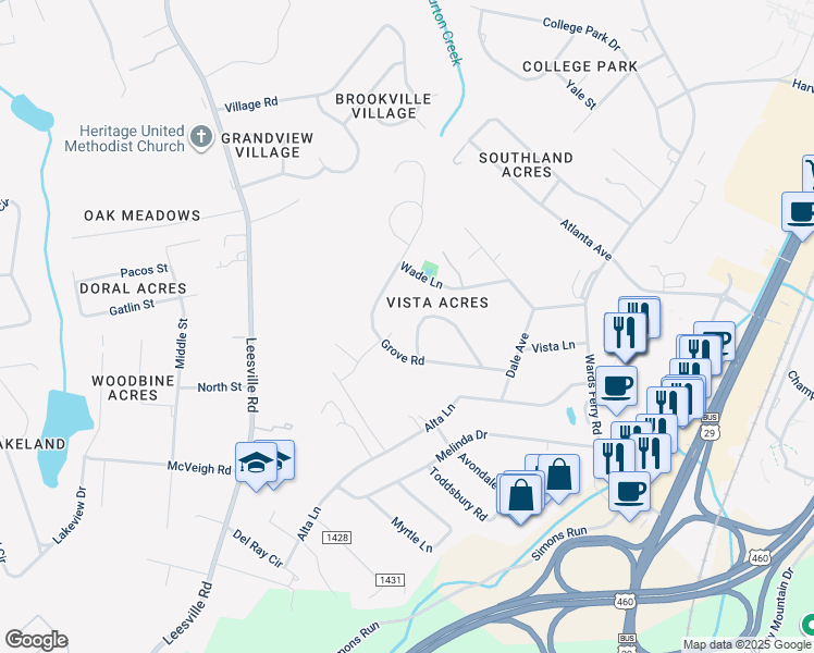 map of restaurants, bars, coffee shops, grocery stores, and more near 1222 Cedar Hill Drive in Lynchburg