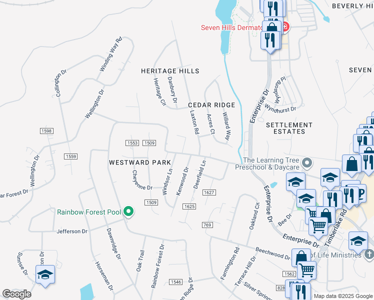 map of restaurants, bars, coffee shops, grocery stores, and more near 2008 Rainbow Forest Drive in Lynchburg