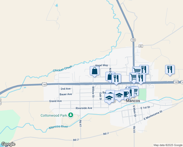 map of restaurants, bars, coffee shops, grocery stores, and more near 415 North Willow Street in Mancos