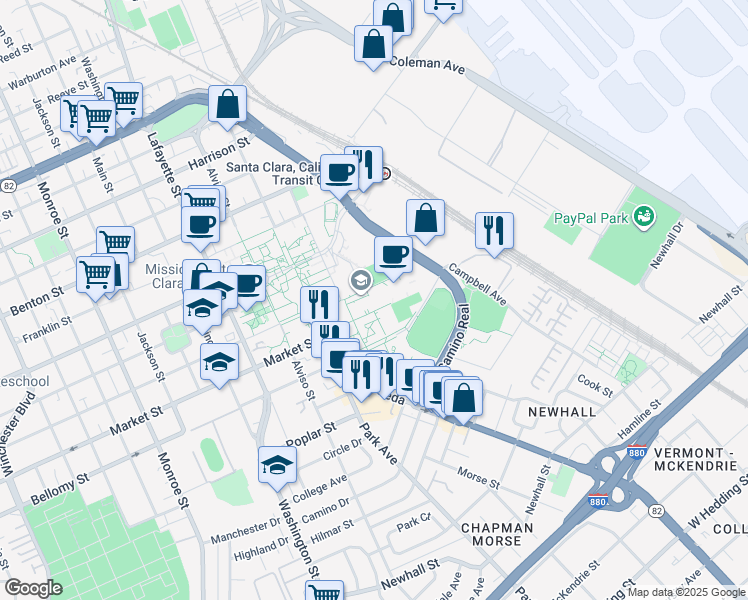 map of restaurants, bars, coffee shops, grocery stores, and more near in Santa Clara