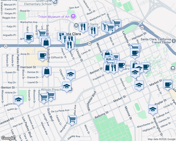 map of restaurants, bars, coffee shops, grocery stores, and more near 1525 Benton Street in Santa Clara