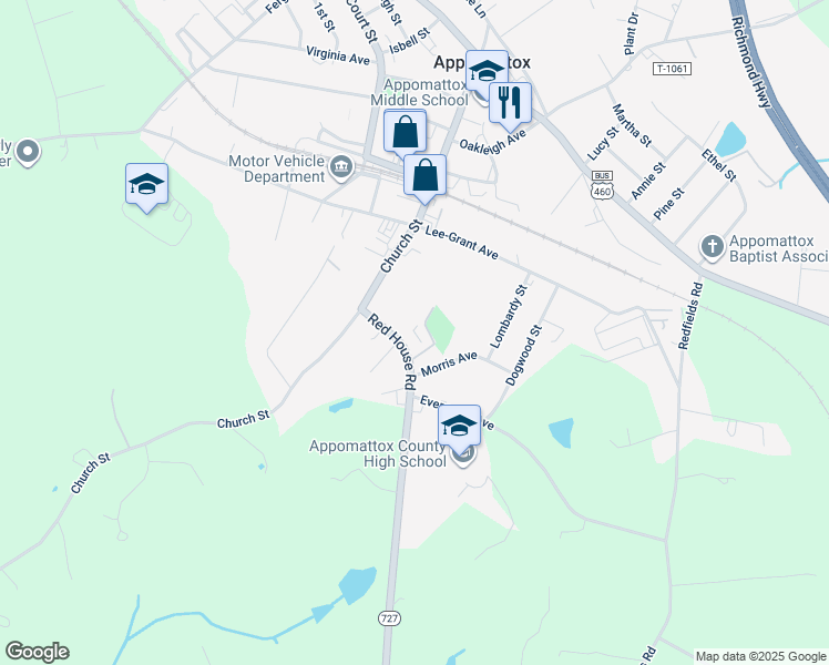 map of restaurants, bars, coffee shops, grocery stores, and more near 10382 Red House Road in Appomattox