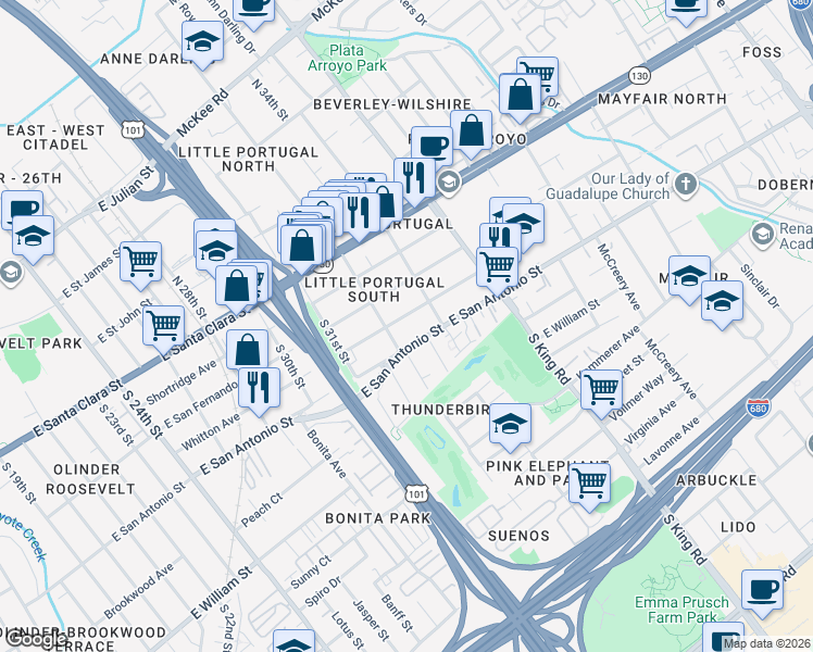 map of restaurants, bars, coffee shops, grocery stores, and more near 156 South 33rd Street in San Jose