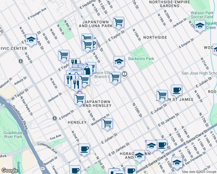 map of restaurants, bars, coffee shops, grocery stores, and more near 349 East Empire Street in San Jose