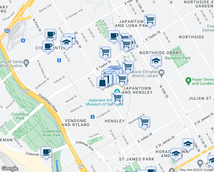 map of restaurants, bars, coffee shops, grocery stores, and more near 591 North 5th Street in San Jose