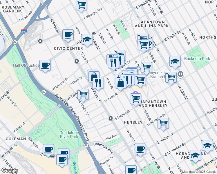 map of restaurants, bars, coffee shops, grocery stores, and more near 635 North 3rd Street in San Jose
