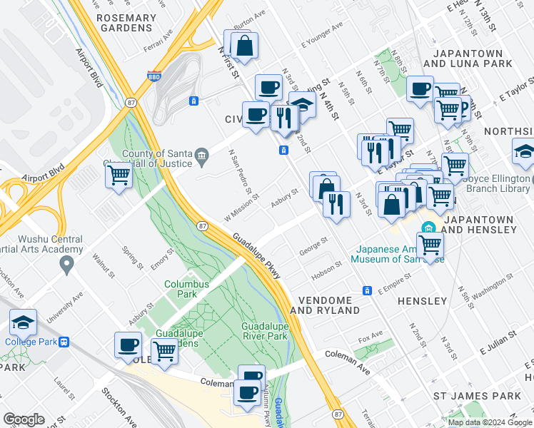 map of restaurants, bars, coffee shops, grocery stores, and more near 174 Asbury Street in San Jose