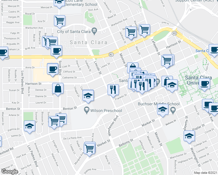 map of restaurants, bars, coffee shops, grocery stores, and more near 1525 Benton Street in Santa Clara
