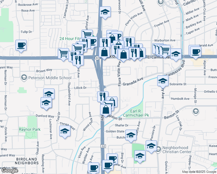 map of restaurants, bars, coffee shops, grocery stores, and more near 3500 Granada Avenue in Santa Clara