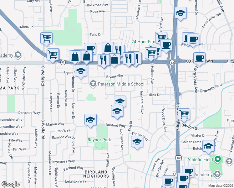 map of restaurants, bars, coffee shops, grocery stores, and more near 1058 Castleton Way in Sunnyvale