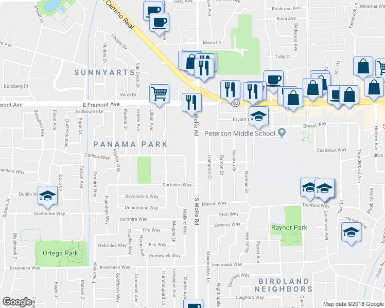 map of restaurants, bars, coffee shops, grocery stores, and more near 1407 South Wolfe Road in Sunnyvale