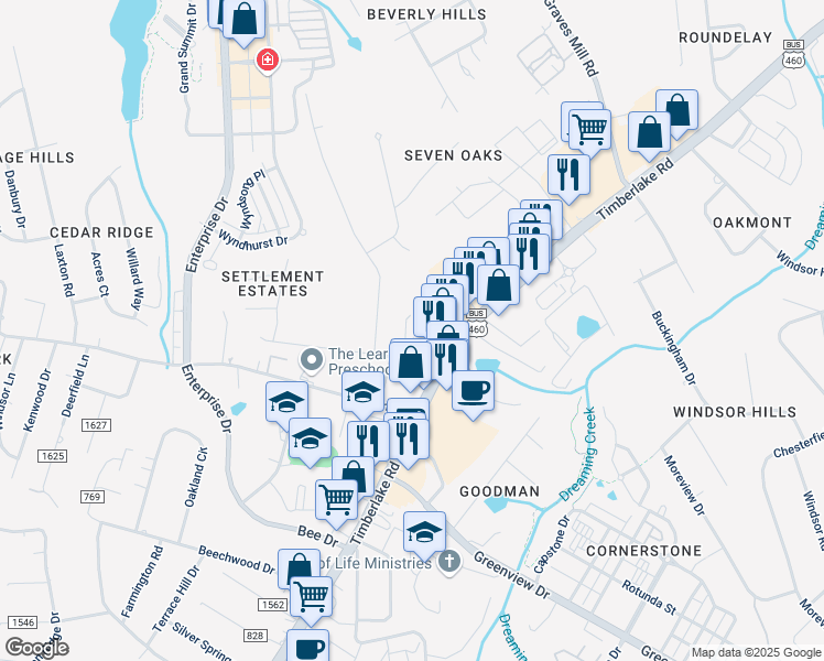 map of restaurants, bars, coffee shops, grocery stores, and more near 8127 Timberlake Road in Lynchburg