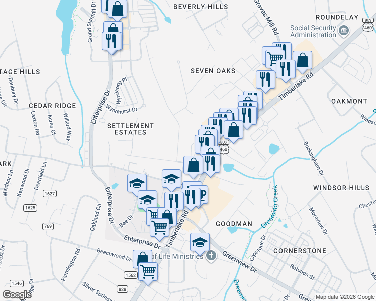 map of restaurants, bars, coffee shops, grocery stores, and more near 1100 Wood Road in Lynchburg