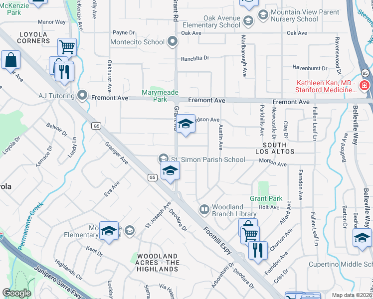 map of restaurants, bars, coffee shops, grocery stores, and more near 1326 Don Kirk Street in Los Altos