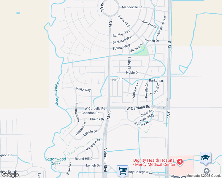 map of restaurants, bars, coffee shops, grocery stores, and more near 4347 Mathias Way in Merced