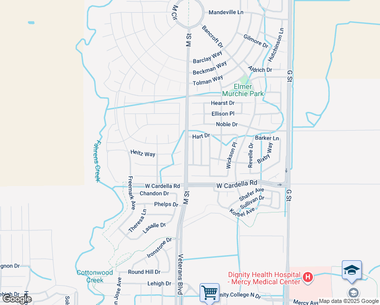 map of restaurants, bars, coffee shops, grocery stores, and more near 4347 Mathias Way in Merced