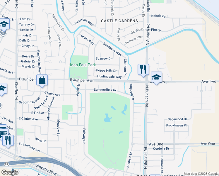 map of restaurants, bars, coffee shops, grocery stores, and more near 1801 Cypress Court in Atwater