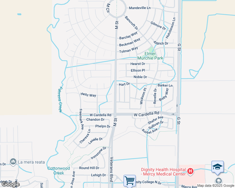 map of restaurants, bars, coffee shops, grocery stores, and more near 4347 Mathias Way in Merced