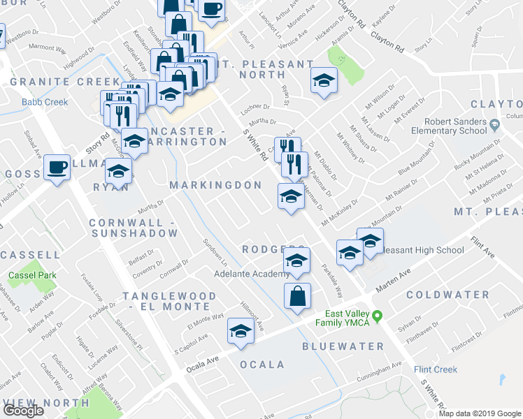 map of restaurants, bars, coffee shops, grocery stores, and more near 1596 Berksford Way in San Jose