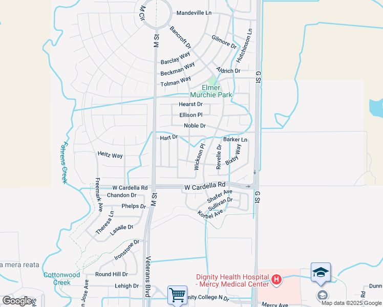 map of restaurants, bars, coffee shops, grocery stores, and more near 4346 Sibley Place in Merced