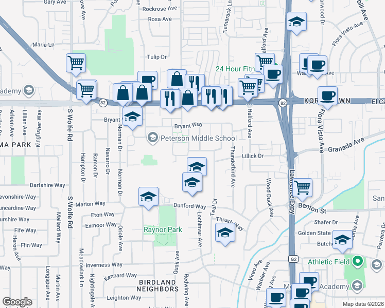 map of restaurants, bars, coffee shops, grocery stores, and more near 1058 Castleton Way in Sunnyvale