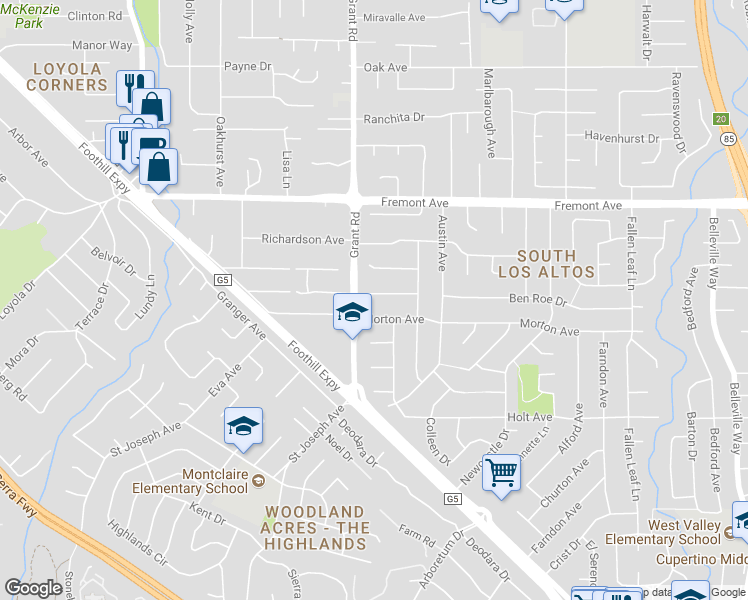 map of restaurants, bars, coffee shops, grocery stores, and more near 1326 Don Kirk Street in Los Altos