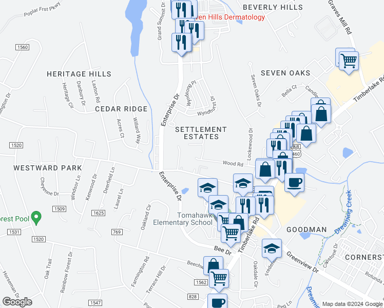 map of restaurants, bars, coffee shops, grocery stores, and more near 1334 Wood Road in Lynchburg