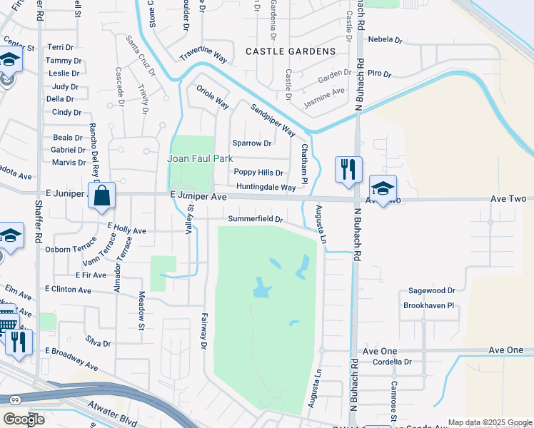map of restaurants, bars, coffee shops, grocery stores, and more near 1801 Cypress Court in Atwater