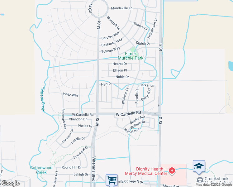 map of restaurants, bars, coffee shops, grocery stores, and more near 4347 Sibley Place in Merced
