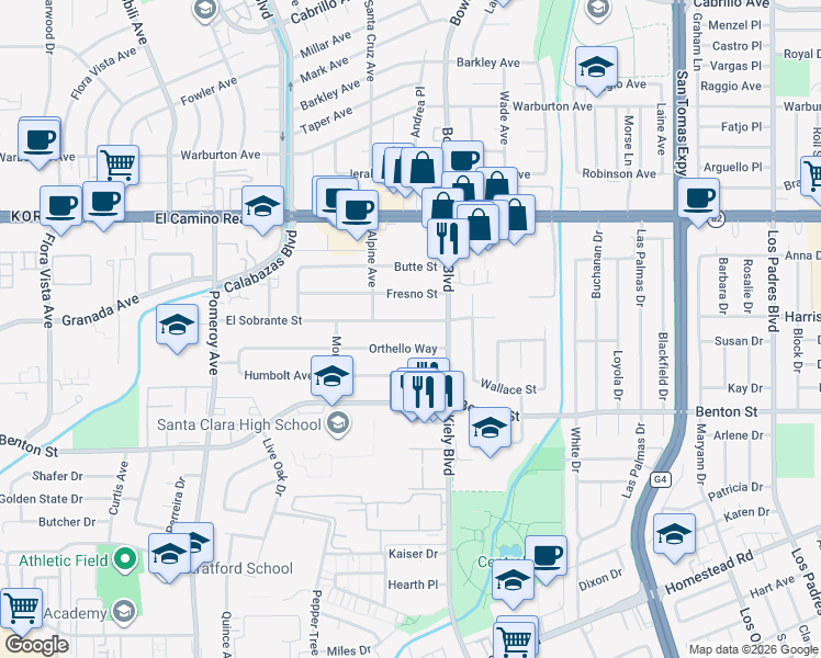 map of restaurants, bars, coffee shops, grocery stores, and more near 2904 El Sobrante Street in Santa Clara