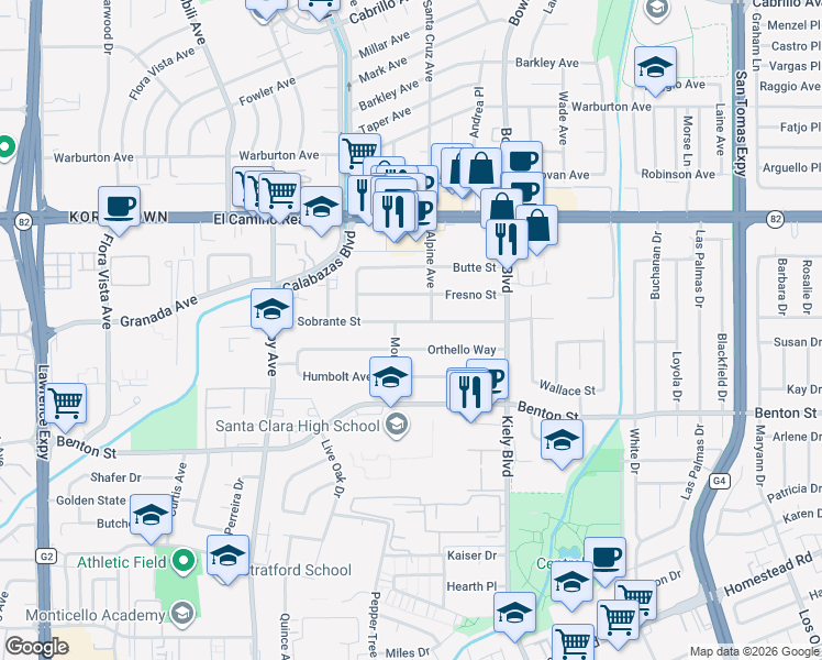 map of restaurants, bars, coffee shops, grocery stores, and more near 3048 El Sobrante Street in Santa Clara