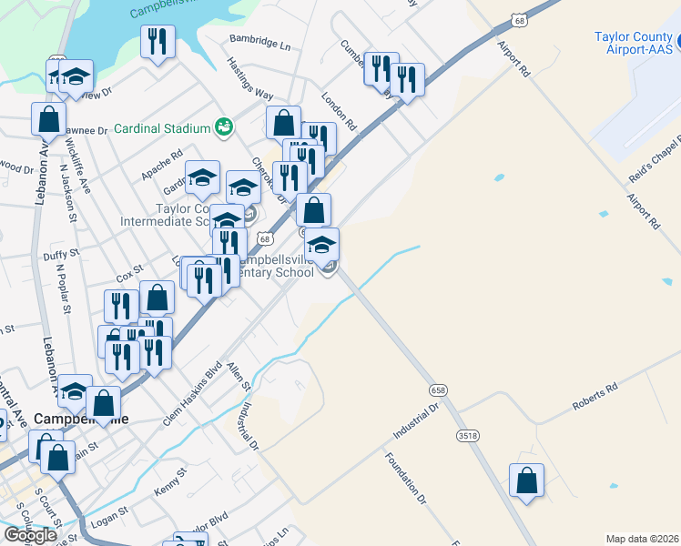 map of restaurants, bars, coffee shops, grocery stores, and more near 315 Roberts Road in Campbellsville