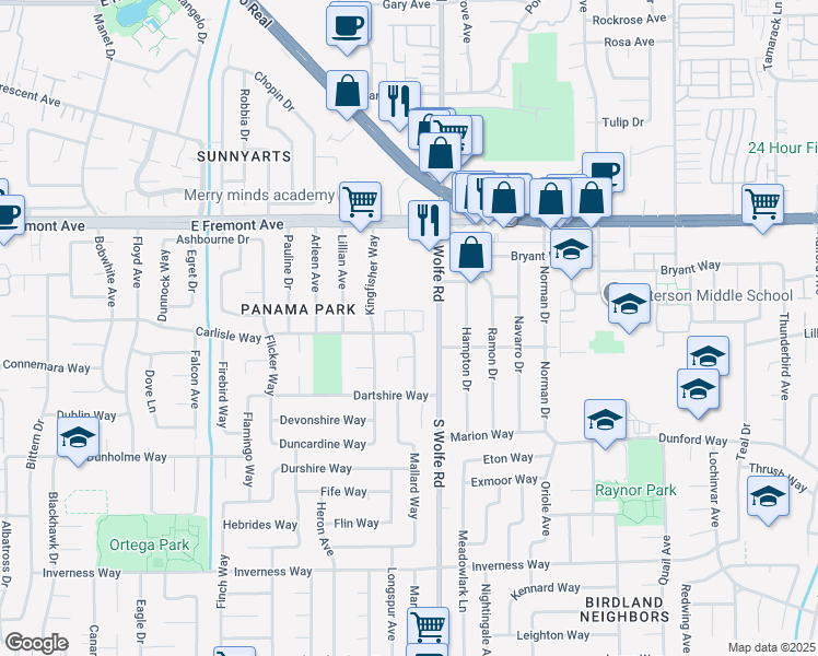 map of restaurants, bars, coffee shops, grocery stores, and more near 865 Carlisle Way in Sunnyvale