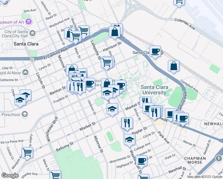 map of restaurants, bars, coffee shops, grocery stores, and more near 500 El Camino Real in Santa Clara