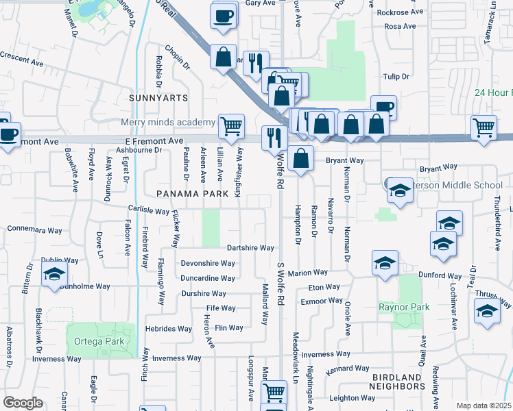 map of restaurants, bars, coffee shops, grocery stores, and more near 857 Carlisle Way in Sunnyvale