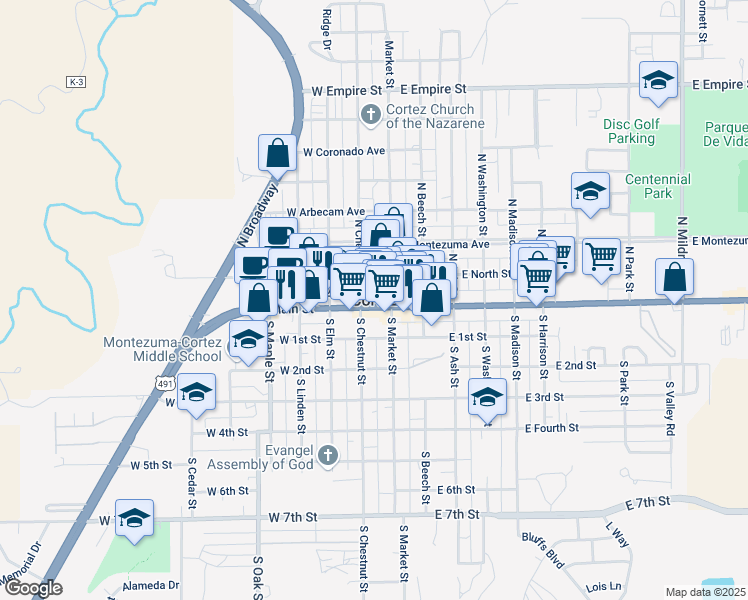 map of restaurants, bars, coffee shops, grocery stores, and more near in Cortez