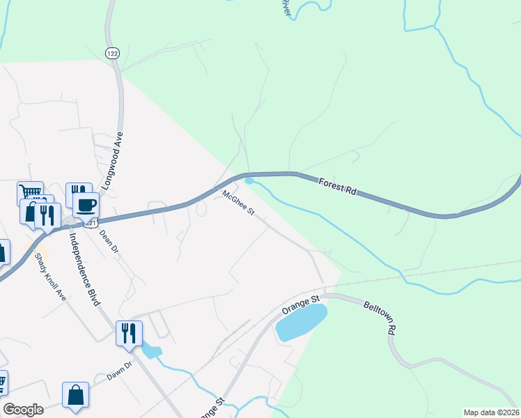 map of restaurants, bars, coffee shops, grocery stores, and more near 2134 McGhee St in Bedford