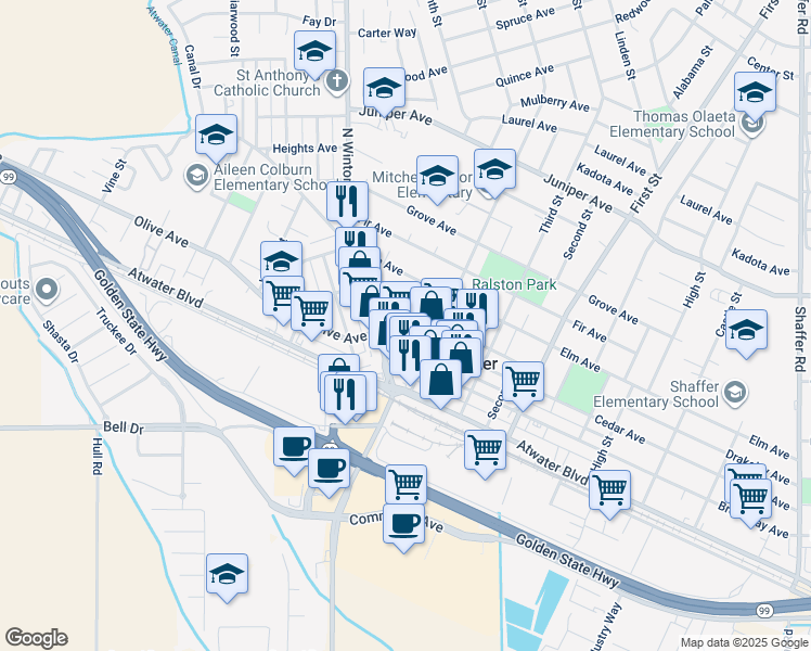 map of restaurants, bars, coffee shops, grocery stores, and more near 1599 Broadway Avenue in Atwater