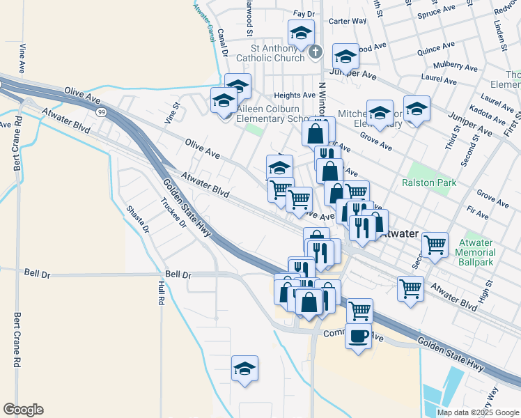 map of restaurants, bars, coffee shops, grocery stores, and more near 2001 Atwater Boulevard in Atwater