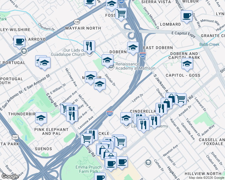 map of restaurants, bars, coffee shops, grocery stores, and more near 666 Sanders Avenue in San Jose