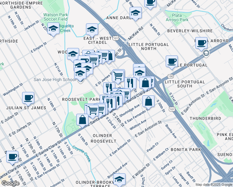 map of restaurants, bars, coffee shops, grocery stores, and more near 76 North 25th Street in San Jose