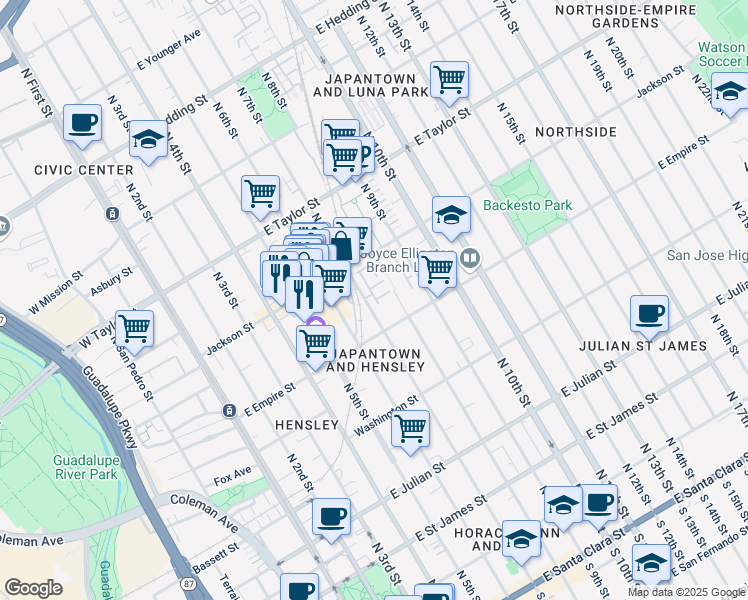 map of restaurants, bars, coffee shops, grocery stores, and more near 535 North 7th Street in San Jose