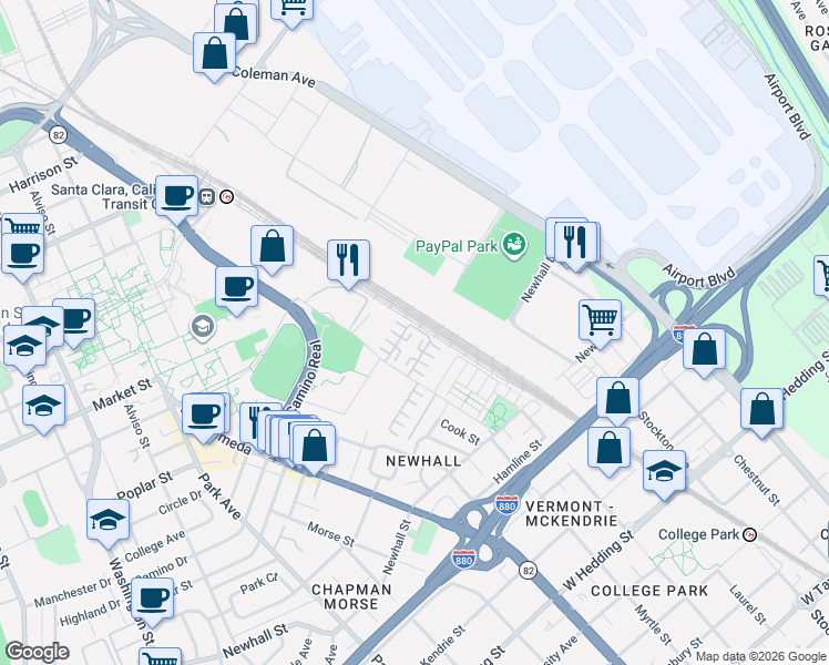 map of restaurants, bars, coffee shops, grocery stores, and more near 1391 Dahlia Loop in San Jose