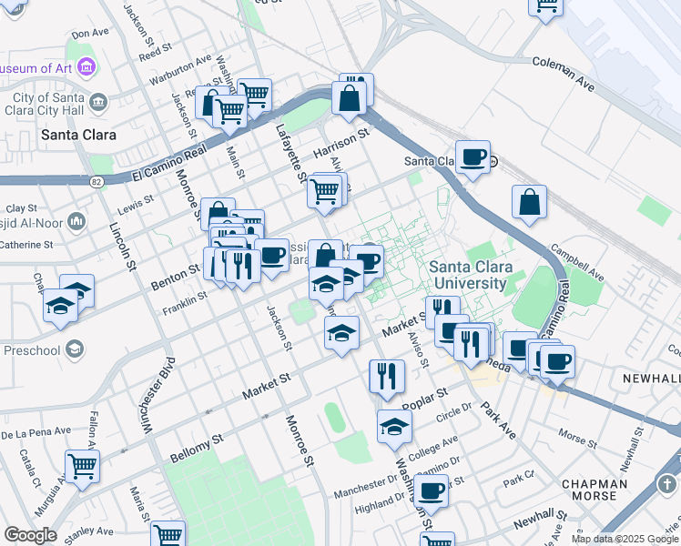 map of restaurants, bars, coffee shops, grocery stores, and more near 810 Lafayette Street in Santa Clara