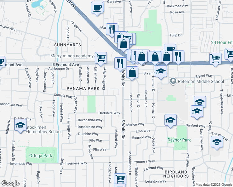 map of restaurants, bars, coffee shops, grocery stores, and more near 1407 South Wolfe Road in Sunnyvale