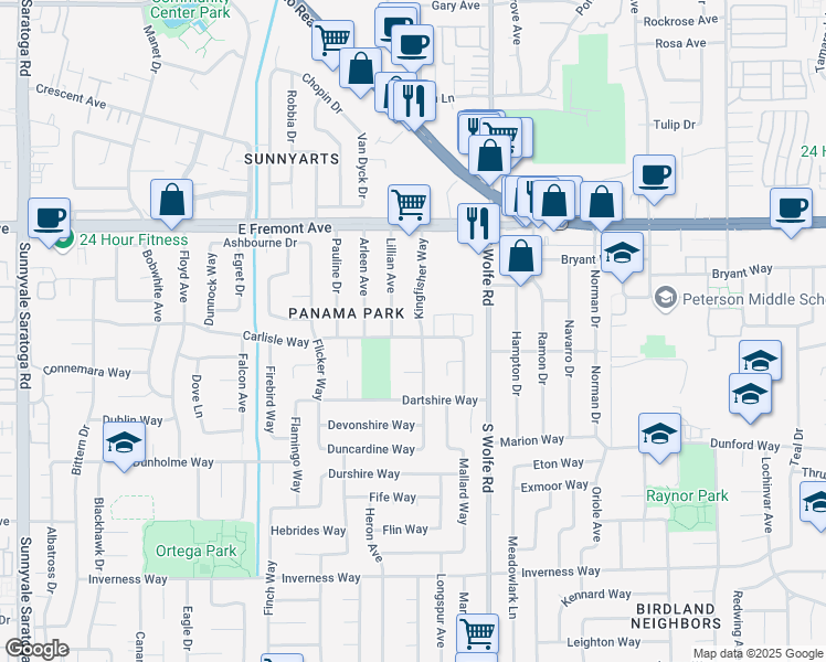 map of restaurants, bars, coffee shops, grocery stores, and more near 1403 Kingfisher Way in Sunnyvale