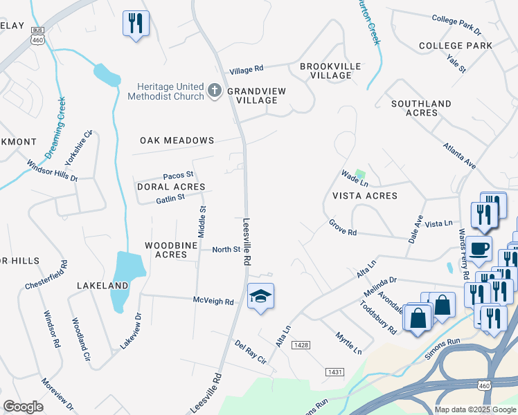 map of restaurants, bars, coffee shops, grocery stores, and more near 651 Leesville Road in Lynchburg