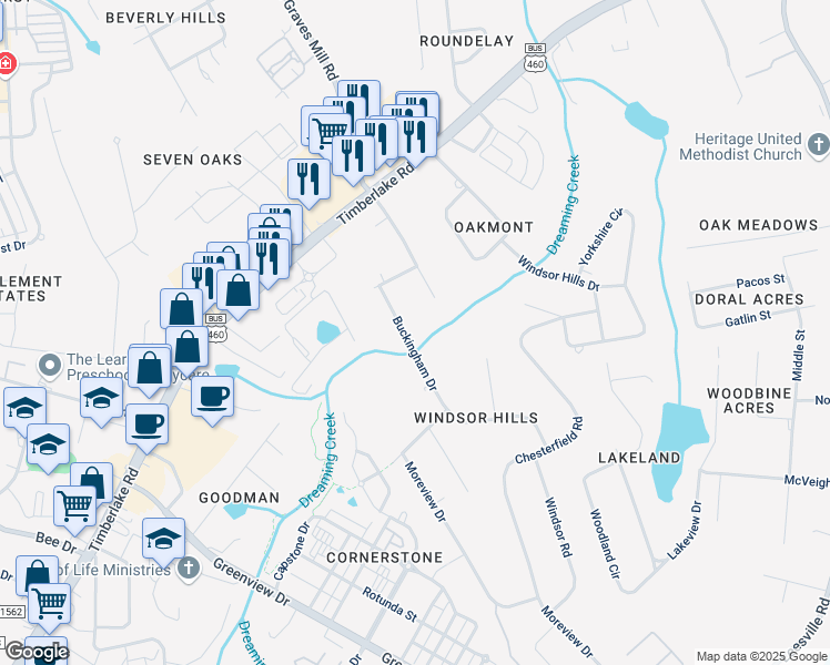 map of restaurants, bars, coffee shops, grocery stores, and more near 111 Buckingham Dr in Lynchburg