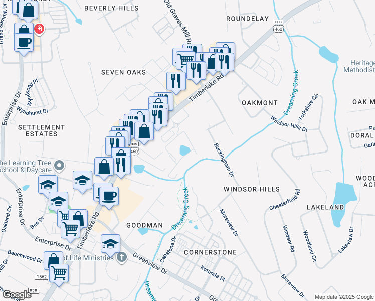 map of restaurants, bars, coffee shops, grocery stores, and more near 7910 Timberlake Road in Lynchburg